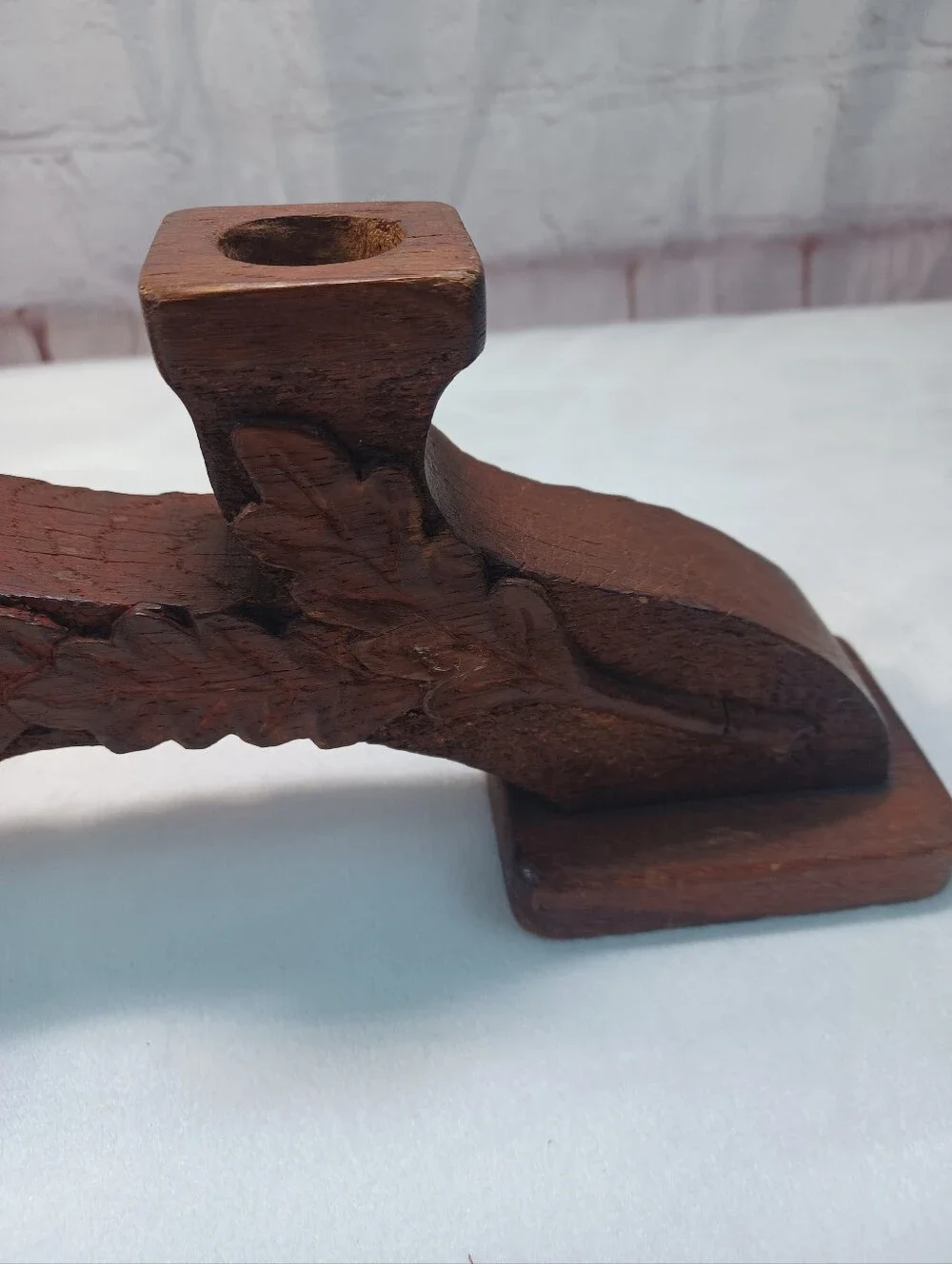 Hand Carved Solid Wood 3 Taper Candle Holder Oak Leaf & Acorn Rustic Centerpiece